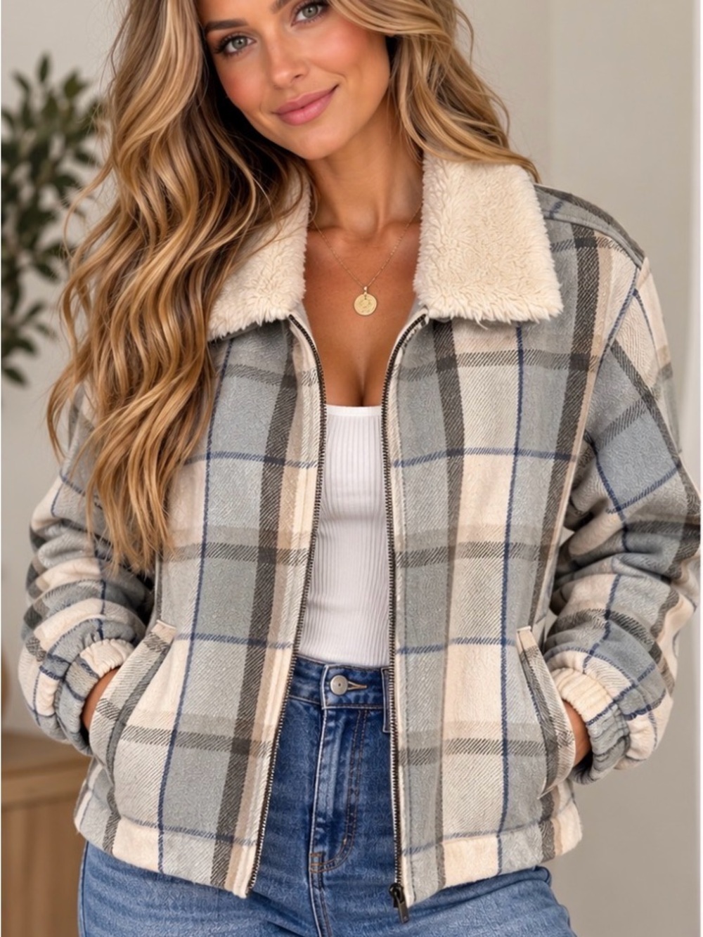 Lucky Brand Women’s Plaid Sherpa Collar Jacket Size L NWT $169.50